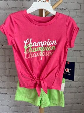NEW Champion Bright Pink Tie-Front Tee with Neon Green Shorts
